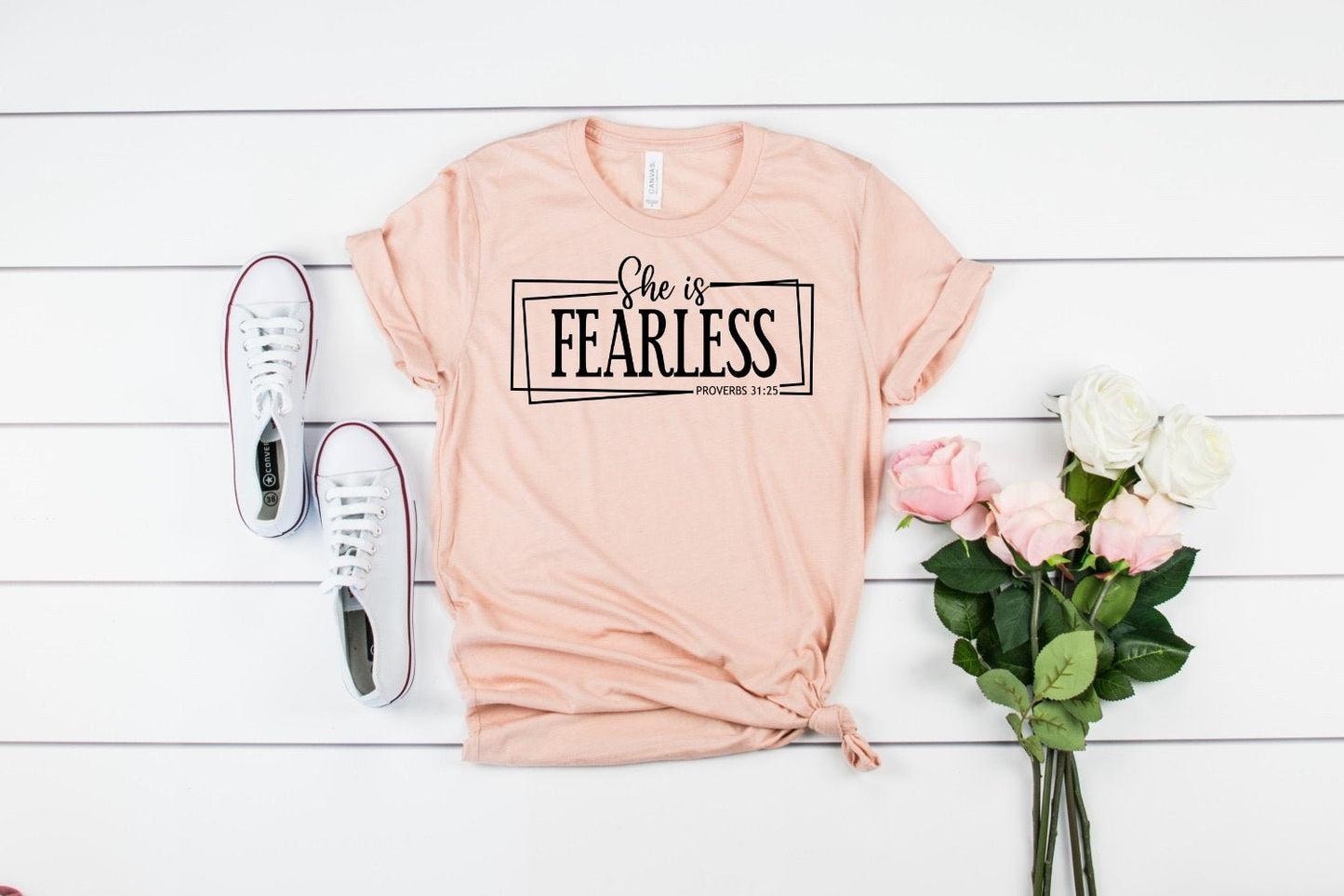 She Is Fearless Proverbs 31 25, Christian Shirt, She is Strong, Positive Message, Heart Unisex Novelty T-Shirt