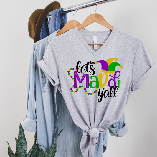 Mardi Gras Let's Mardi Y'all Mardi Gras Beads Fun Unisex V Neck Graphic Tee T-Shirt
