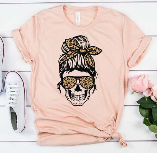 Leopard Print Skull Messy Bun Glasses, Mother's Day Shirt, Babysitter Tee Unisex Shirt