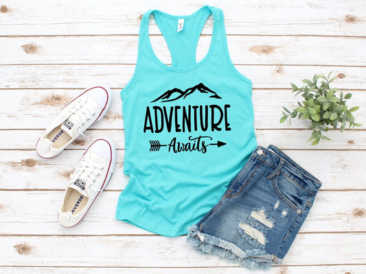 Adventure Awaits, Hiking,  Vacation Shirt, Camper Camping RV Woman's Novelty Tank Top T-Shirt