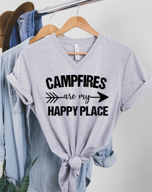 Campfires Are My Happy Place, Camper Camping RV Unisex V Neck Graphic Tee T-Shirt