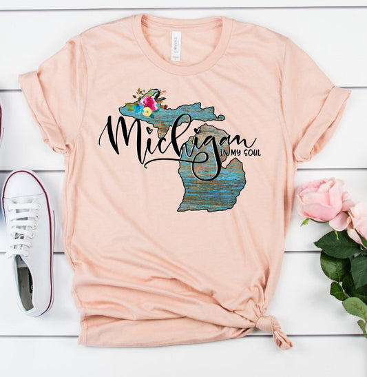 Michigan In My Soul, Michigan Gift, Love Michigan, Floral Watercolor Novelty Unisex T-Shirt