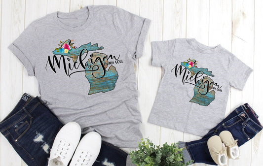 Michigan In My Soul Floral, Michigan Shirt, Love Michigan, Watercolor Adult Kids Toddler Unisex Shirt