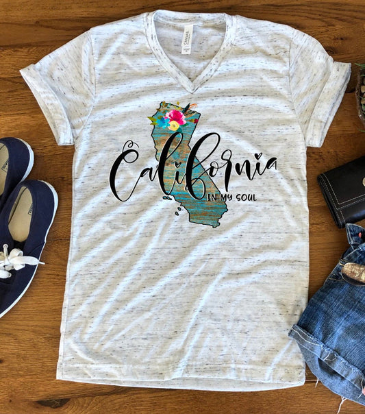 California In My Soul Floral Watercolor Unisex V Neck Graphic Tee T-Shirt