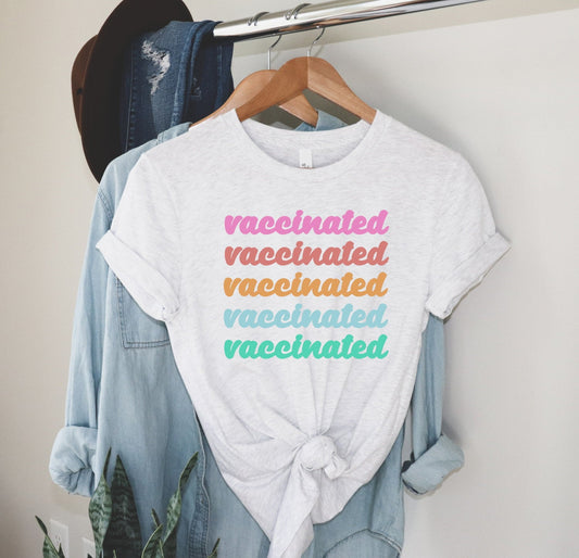 Vaccinated Repeating, Vaccinated Shirt, Pro Vaccine, Rainbow, Vaccination Tee Unisex V Neck or Crew Neck T-Shirt