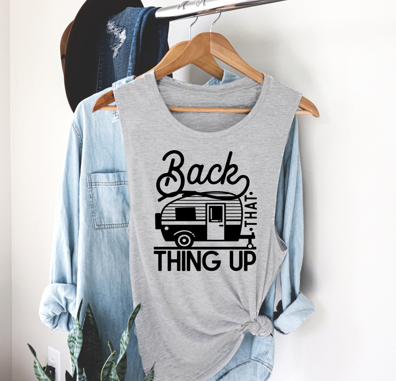 Back That Think Up, Funny Camping Tee, Camper RV Camp Novelty Women’s Flowy Racerback Tank Shirt