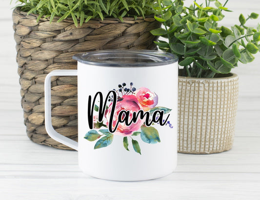 Mama Floral Peonies Travel Mug, Floral Watercolor Mom Gift Mother's Day, Mama Coffee Stainless Steel Mug