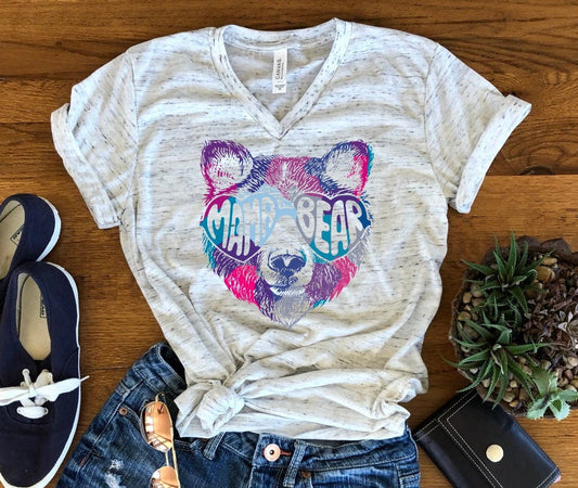 Mama Bear Colorful Shirt, Mama Bear Tee, Mom Mother's Day New mom Unisex V Neck T-Shirt
