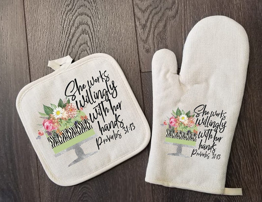 Baker Proverbs Oven Mitt & Pot Holder Set, She Works Willingly Oven Mitts, Gifts for Chef, Baker Gift Set