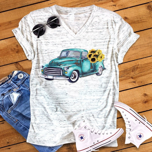 Watercolor Blue Sunflower Truck Fall Autumn Vintage Truck Unisex V Neck or Crew neck T-Shirt