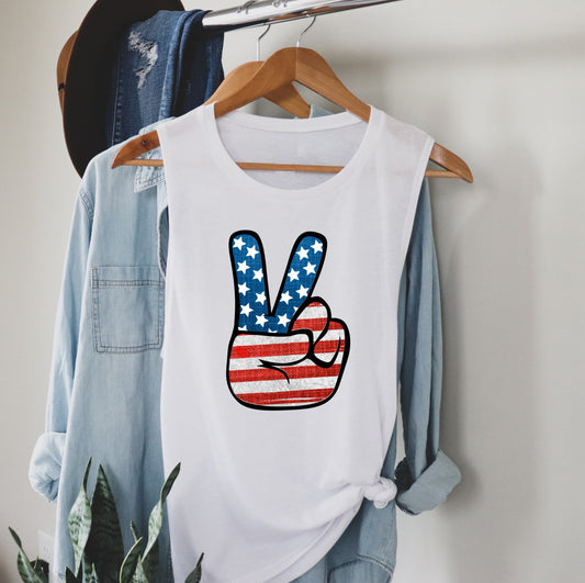 Patriotic Peace Sign 4th July America Americana American Pride Muscle Tank Shirt