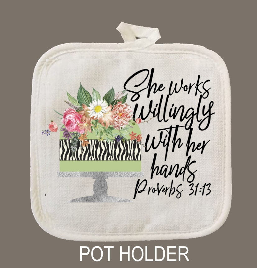 Baker Proverbs Oven Mitt & Pot Holder Set, She Works Willingly Oven Mitts, Gifts for Chef, Baker Gift Set