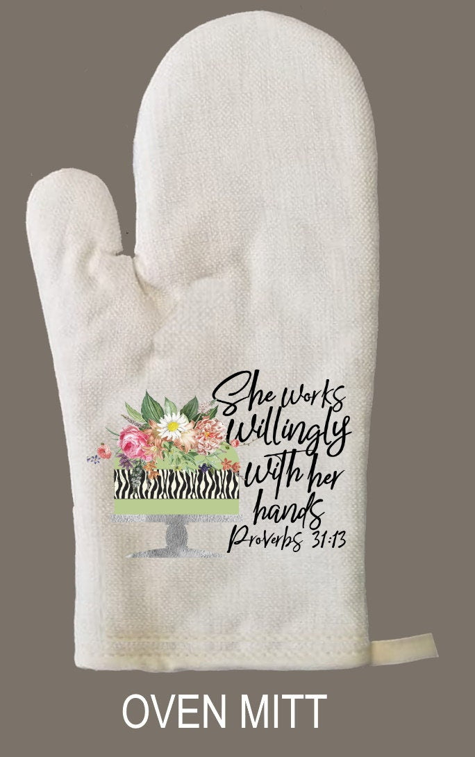 Baker Proverbs Oven Mitt & Pot Holder Set, She Works Willingly Oven Mitts, Gifts for Chef, Baker Gift Set
