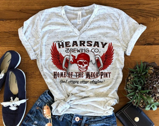 Hearsay Drinking Company, Always Happy Hour, Funny Drinking Bar Shirt Unisex V Neck Graphic Tee T-Shirt
