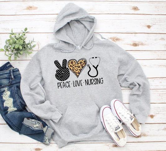 Peace Love Nursing, RN Nurse, Nurses Grey Long Sleeve Hooded Sweatshirt Gray Hoodie Shirt Sweater