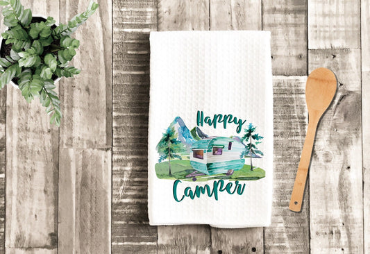 Happy Camper Watercolor Drawing Camp Dish Towel - Tea Towel Camper Kitchen Decor - Camping RV Travel Trailer Kitchen Towel