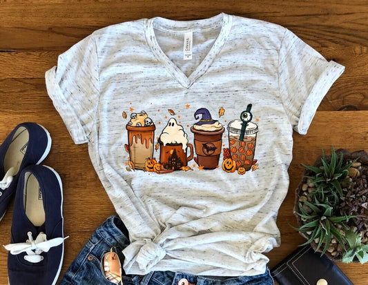 Cute Halloween Coffee Tee, Pumpkin Spice Monster Fall Autumn Unisex V Neck T-Shirt