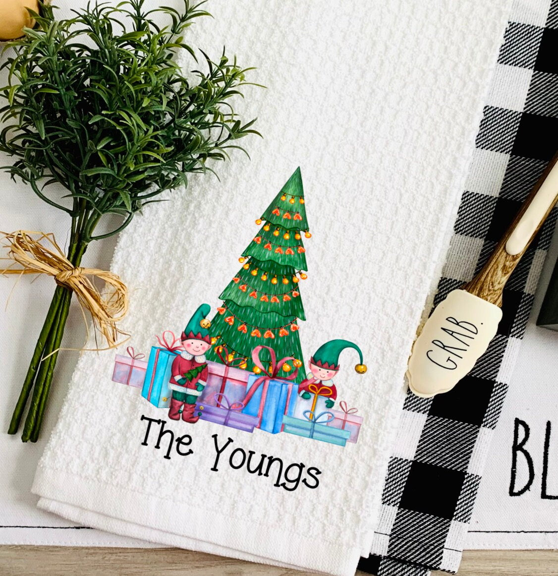 Christmas Tree Personalized Tea Dish Towel - Christmas Trees Elves Towel Kitchen Décor - Housewarming Farm Decorations house Towel