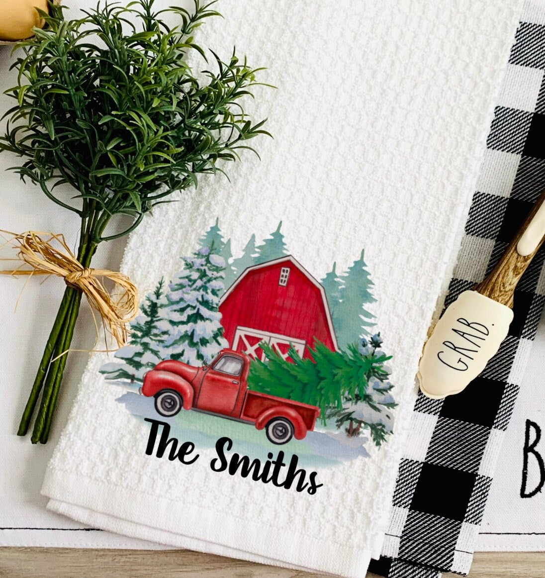 Christmas Farm Truck Personalized Tea Dish Towel - Barn Trees Tea Towel Kitchen Décor - Housewarming Farm Decorations house Towel