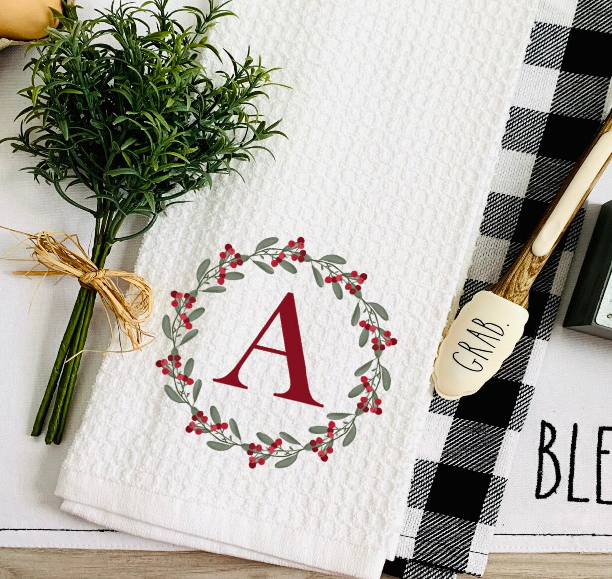 Christmas Wreath Personalized Tea Dish Towel - Monogram Tea Towel Kitchen Décor - Housewarming Farm Decorations house Towel