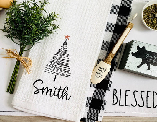 Christmas Tree Personalized Tea Dish Towel - Modern Tree Name Tea Towel Kitchen Décor - Housewarming Farm Decorations house Towel