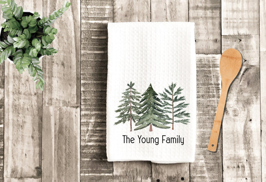 Christmas Watercolor Trees Personalized Tea Dish Towel - Fir Tree Tea Towel Kitchen Décor - Housewarming Farm Decorations house Towel