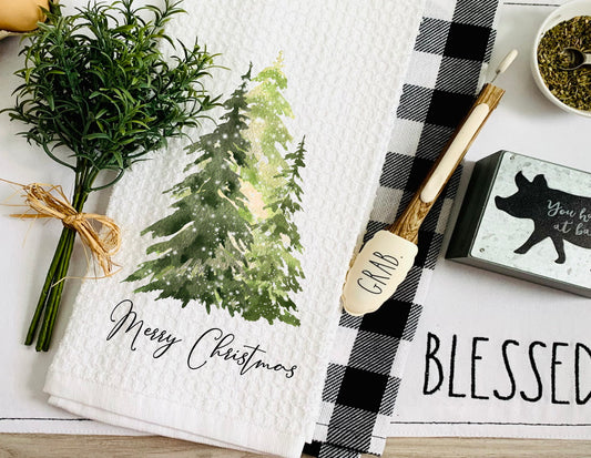 Christmas Watercolor Trees Merry Christmas Tea Dish Towel - Fir Tree Tea Towel Kitchen Décor - Housewarming Farm Decorations house Towel