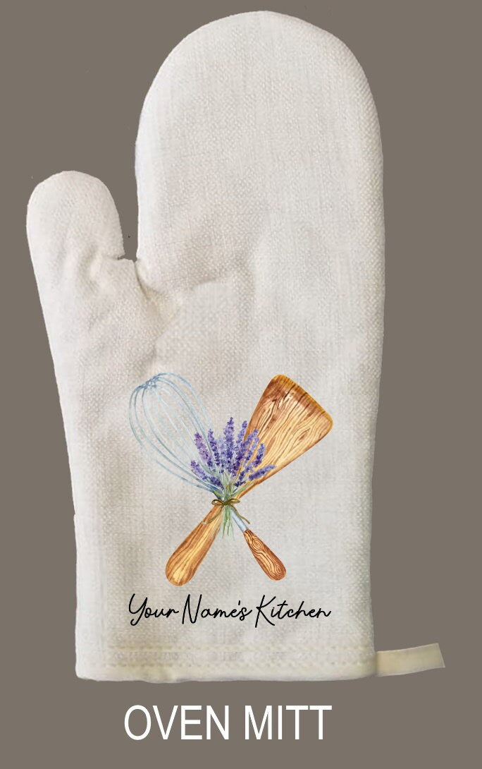 Personalized Oven Mitt & Pot Holder Set, Grandma Gift Set Whisk Spoon Lavender Oven Mitts, Gifts for Mom, Camping RV