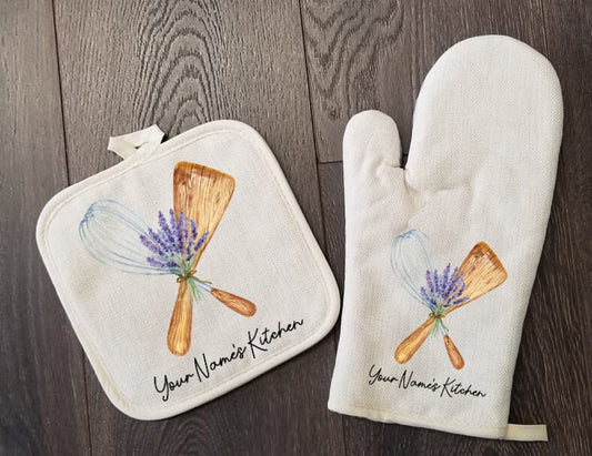 Personalized Oven Mitt & Pot Holder Set, Grandma Gift Set Whisk Spoon Lavender Oven Mitts, Gifts for Mom, Camping RV