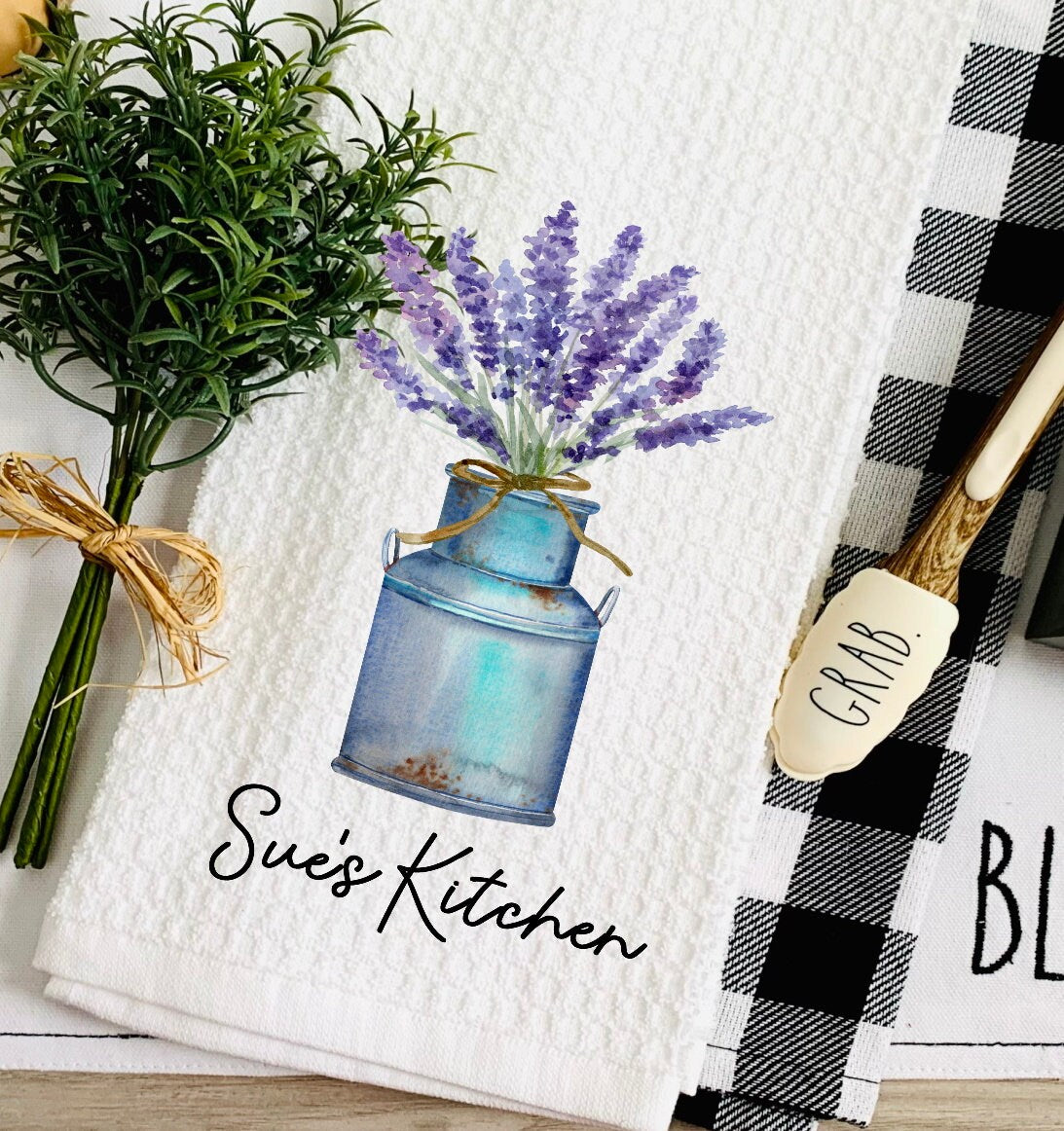 Personalized Antique Jug Tea Dish Towel - Lavender Floral Tea Towel Kitchen Décor - Housewarming Farm Decorations house Towel - Gift For Mom