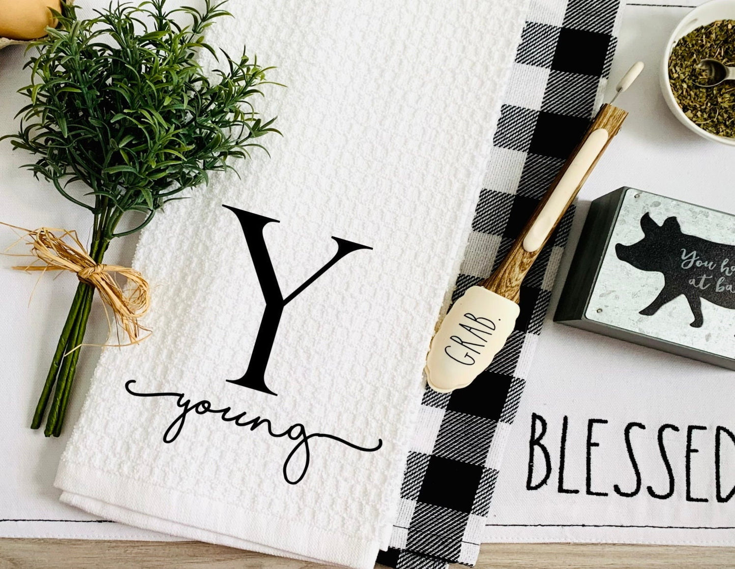 Personalized Monogram Tea Dish Towel - Name Towel Kitchen Décor - New Home Gift, Wedding, Hostess Housewarming Farm Decorations house Towel