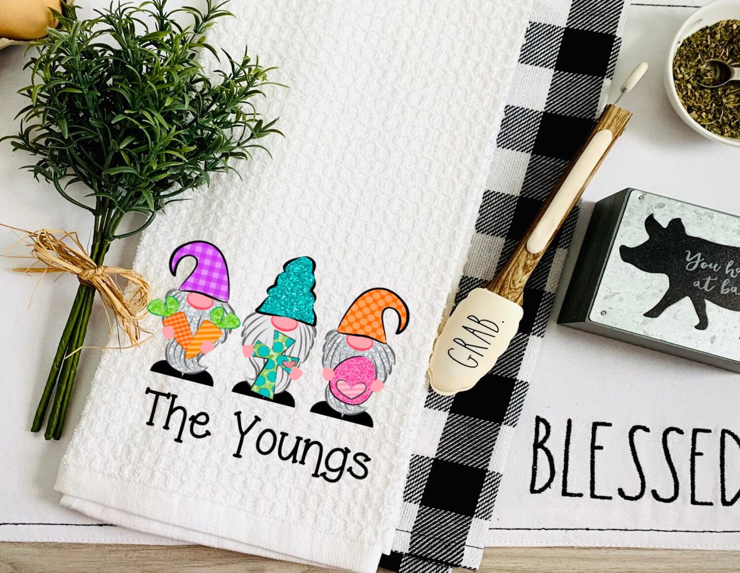 Personalized Easter Gnomes Tea Dish Towel - Easter Gnome Towel Kitchen Décor - Housewarming Farm Decorations house Towel