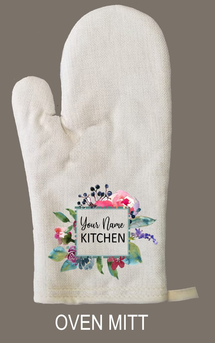 Kitchen Peonies Personalized Oven Mitt & Pot Holder Set, Grandma Gift Set Personalized Oven Mitts, Gifts for Mom, Gift for Aunt
