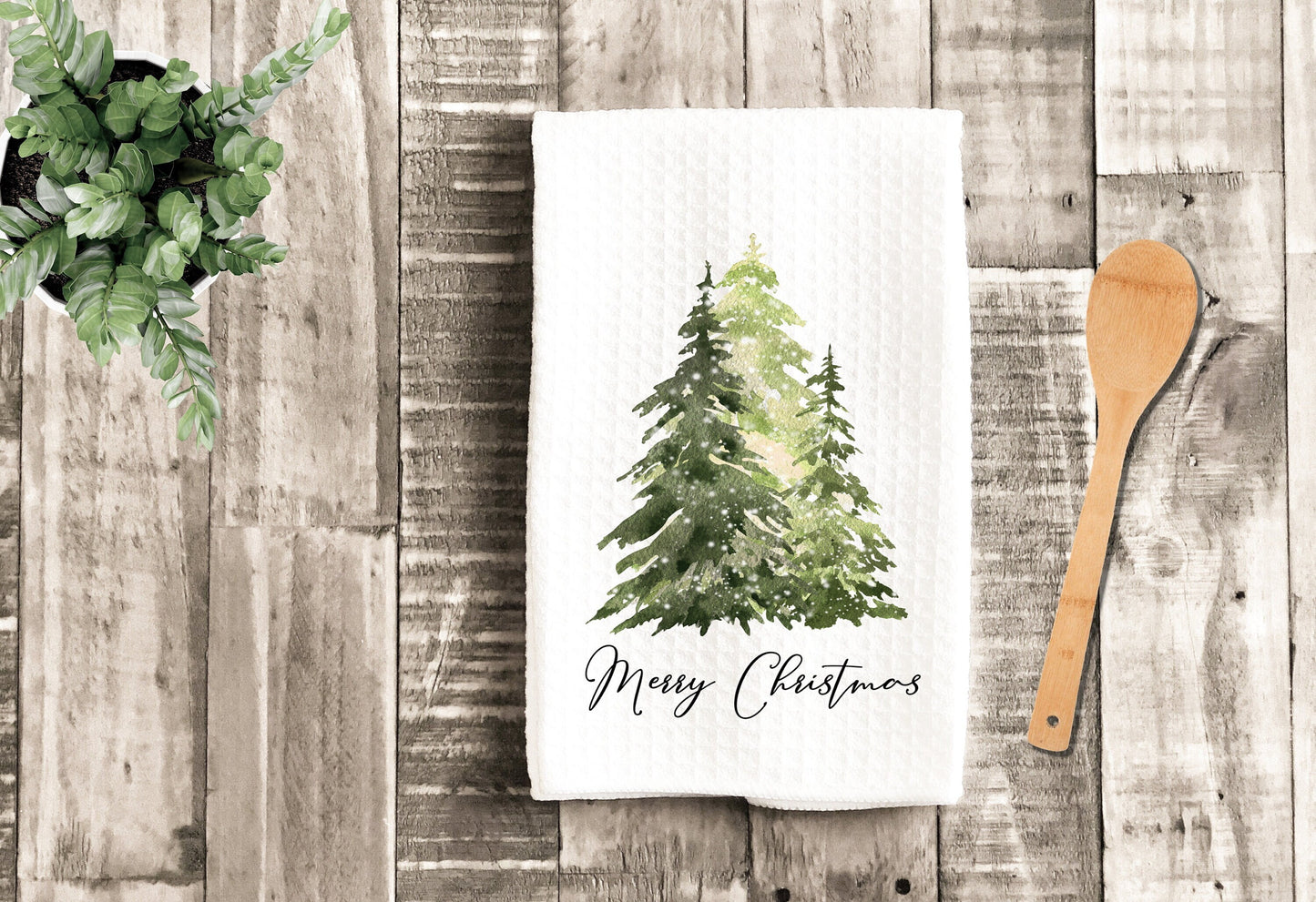 Christmas Watercolor Trees Merry Christmas Tea Dish Towel - Fir Tree Tea Towel Kitchen Décor - Housewarming Farm Decorations house Towel
