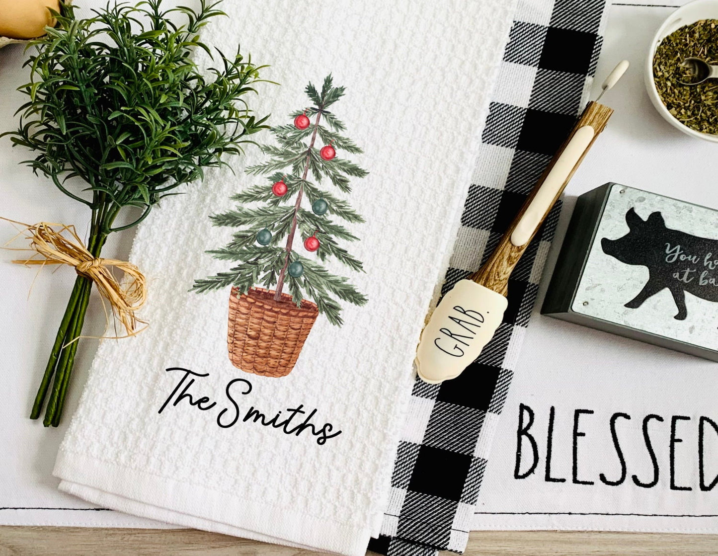 Personalized Christmas Tree Merry Christmas Tea Dish Towel - Winter Tea Towel Kitchen Décor - Housewarming Farm Decorations house Towel
