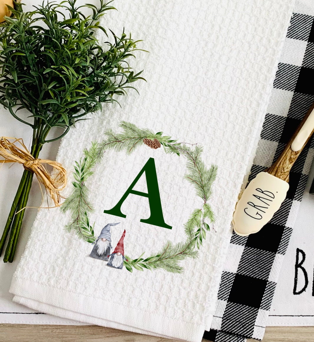 Christmas Wreath Gnome Personalized Tea Dish Towel - Christmas Gnomes Monogram Towel Kitchen Décor - Housewarming Farm Decorations