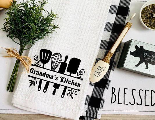 Personalized Cooking Utensils Tea Dish Towel - Grandma Tea Towel Kitchen Décor - Housewarming Farm Decorations house Towel, Hostess Gift