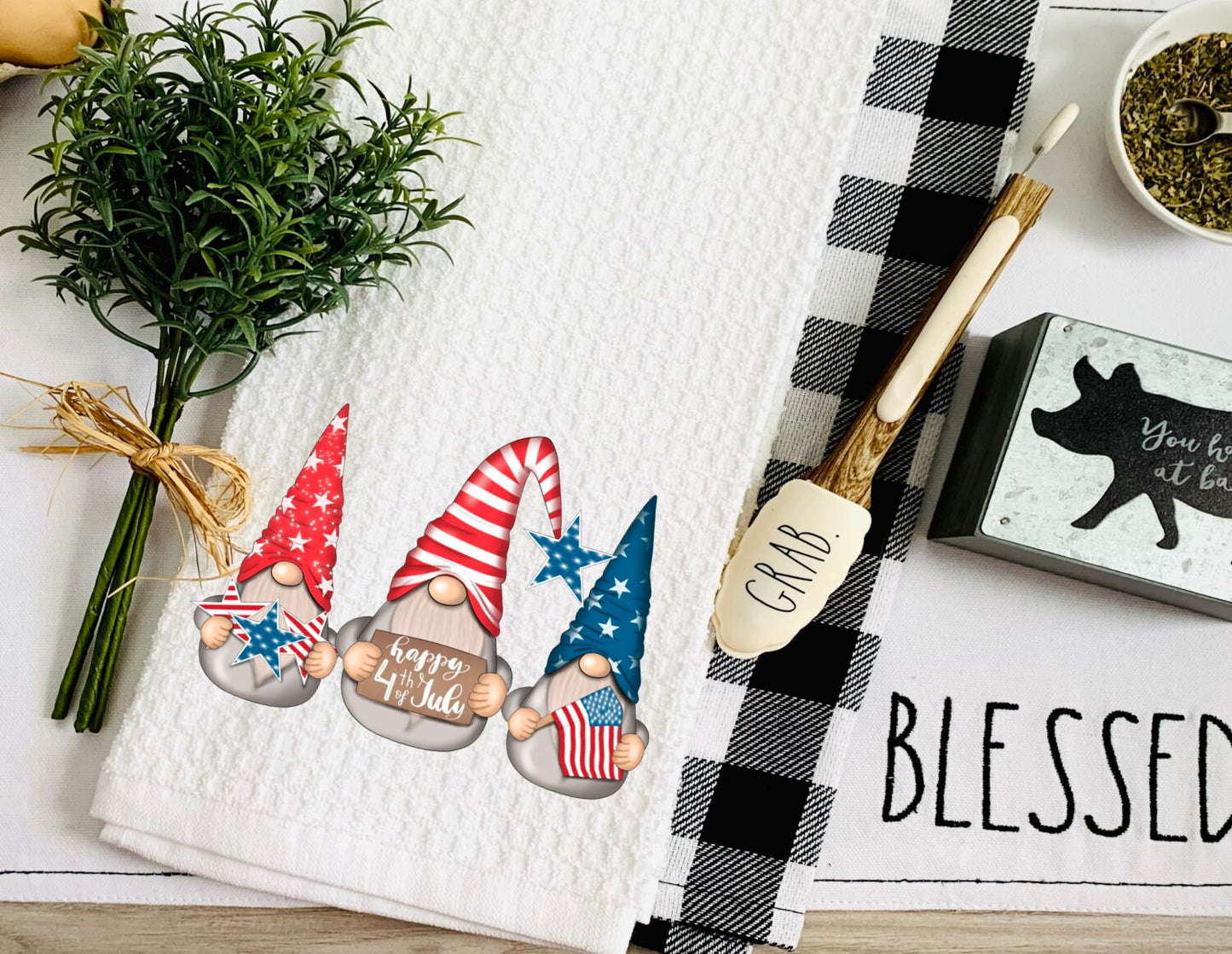 4th of July Gnomes Tea Dish Towel - Independence Day Gnome Towel Kitchen Décor - Housewarming Farm Decorations house Towel