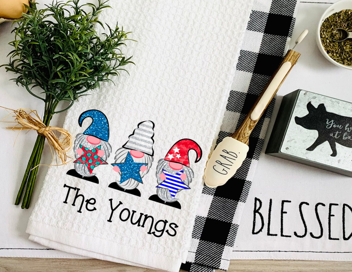 Personalized 4th of July Gnomes Tea Dish Towel - Independence Day Gnome Towel Kitchen Décor - Housewarming Farm Decorations house Towel