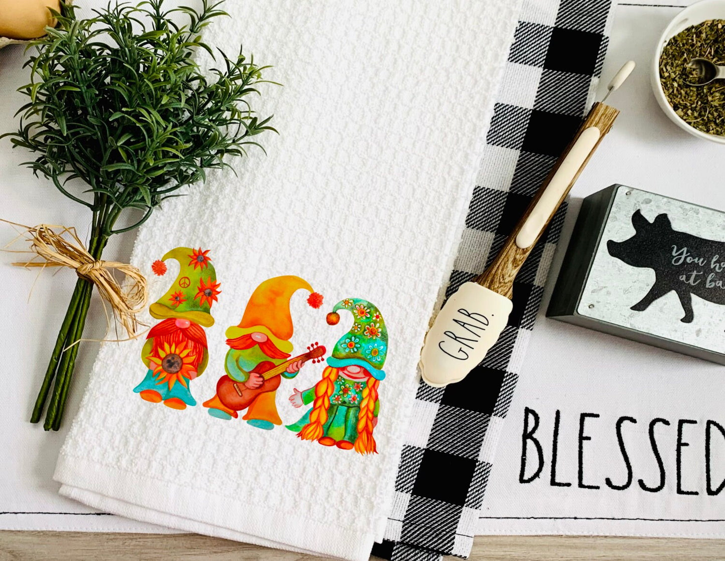 Sunflower Hippie Gnomes Tea Dish Towel - Summer Gnome Towel Kitchen Décor - Housewarming Farm Decorations house Towel