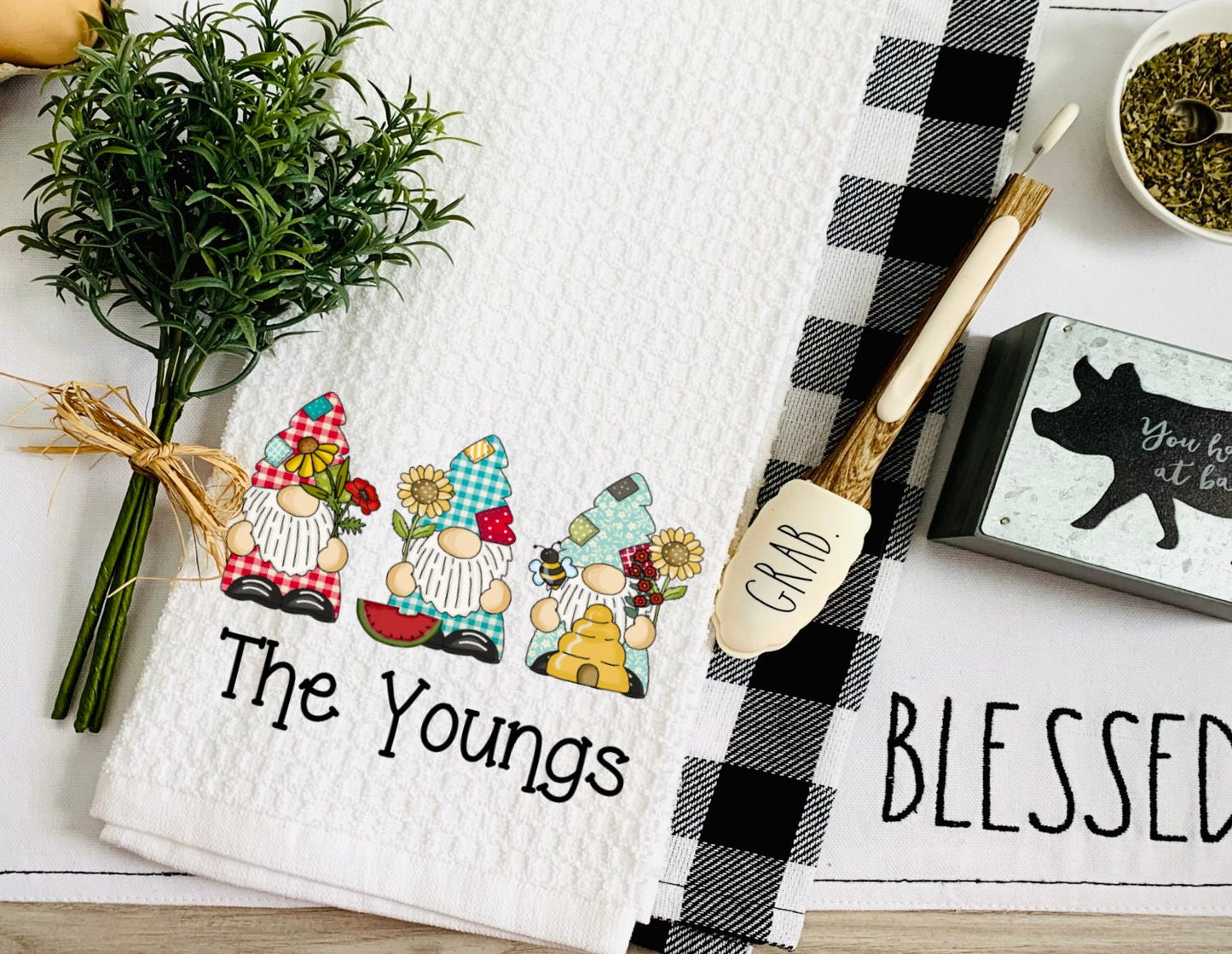 Sunflower Summer Personalized Gnomes Tea Dish Towel - Summer Plaid Gnome Towel Kitchen Décor - Housewarming Farm Decorations house Towel