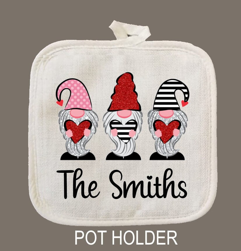 Valentine's Gnomes Personalized Oven Mitt & Pot Holder Set, Gnome Gift Set, Hostess Gift Set, Oven Mitts, Gifts for Mom, Camping RV