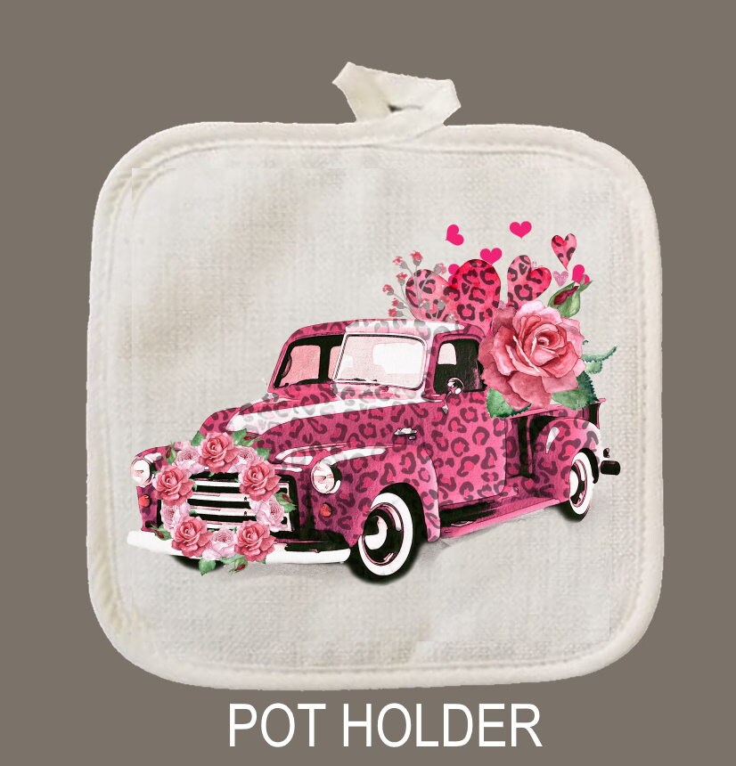 Valentine's Heart Old Truck Oven Mitt & Pot Holder Set, Gift Set, Hostess Gift Set, Oven Mitts, Gifts for Mom, Camping RV