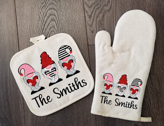 Valentine's Gnomes Personalized Oven Mitt & Pot Holder Set, Gnome Gift Set, Hostess Gift Set, Oven Mitts, Gifts for Mom, Camping RV