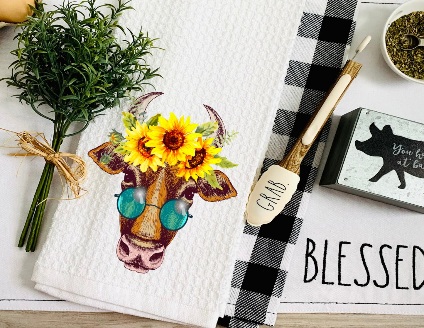 Cow With Sunflowers Dish Towel - Heifer Farm Tea Towel Kitchen Decor - New Home Gift Farm Decorations house Decor Towel