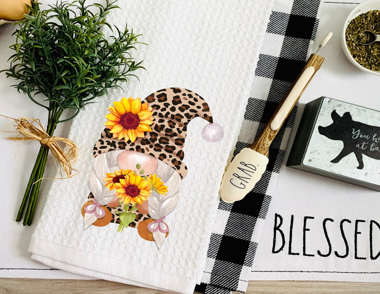 Gnome With Sunflowers Dish Towel - Leopard Gnome Tea Towel Kitchen Decor - New Home Gift Farm Decorations house Decor Towel