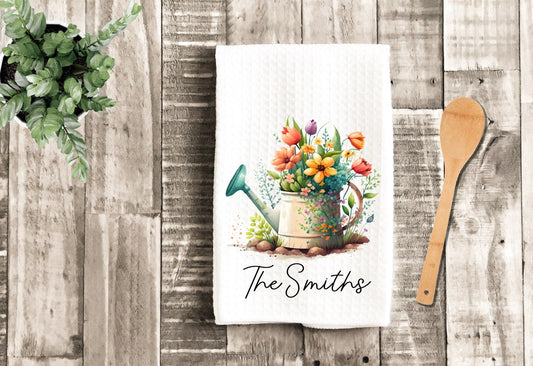 Personalized Kitchen Floral Watering Can Bouquet Watercolor Dish Towel - Mimi Tea Towel Kitchen Decor - New Home Gift Farm Decorations Towel