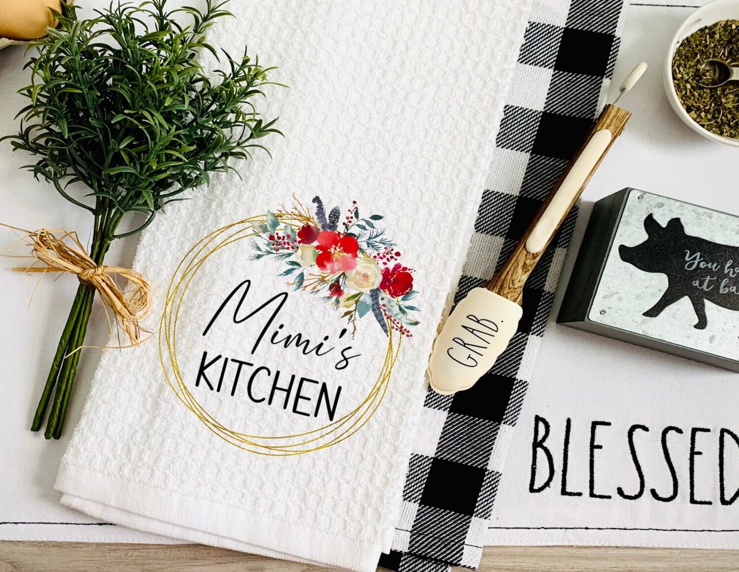 Personalized Kitchen Floral Gold Grandma Dish Towel - Mother's Day Mimi's Tea Towel Kitchen Decor - New Home Gift Farm Decorations Towel