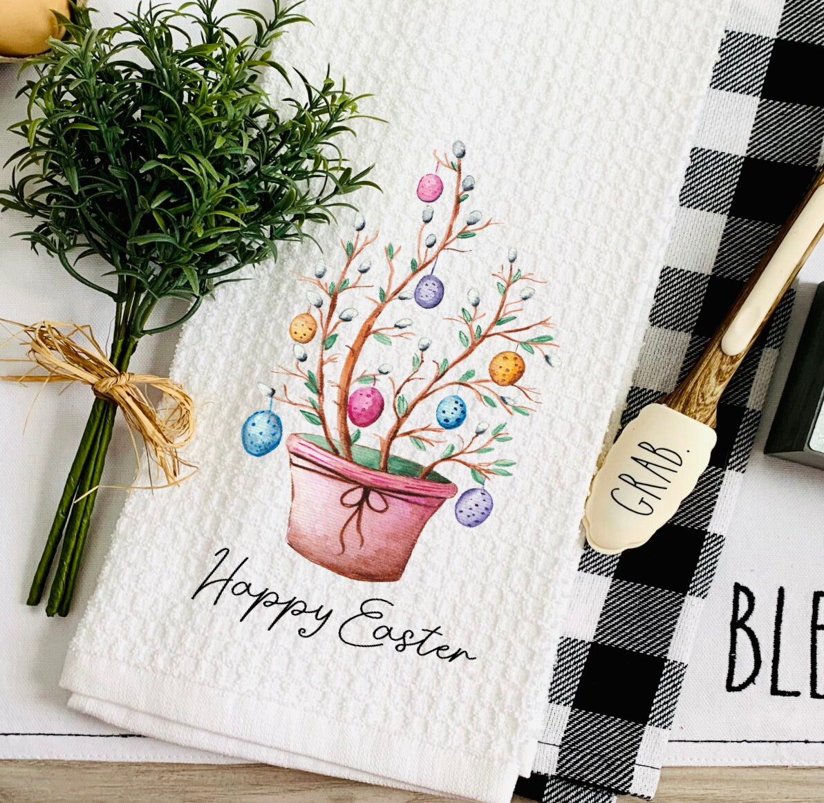 Happy Easter Willow Egg Tree Kitchen Dish Towel - Easter Tree Tea Towel Kitchen - New Home Gift Farm Decorations house Decor Towel
