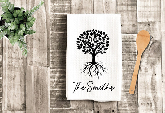 Personalized Family Roots Tree Tea Dish Towel - Hostess Gift Tea Towel Kitchen Décor - Housewarming Farm Decorations house Towel